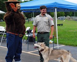 Smokey the Bear, a forest ranger, and a dog that resembles a wolf